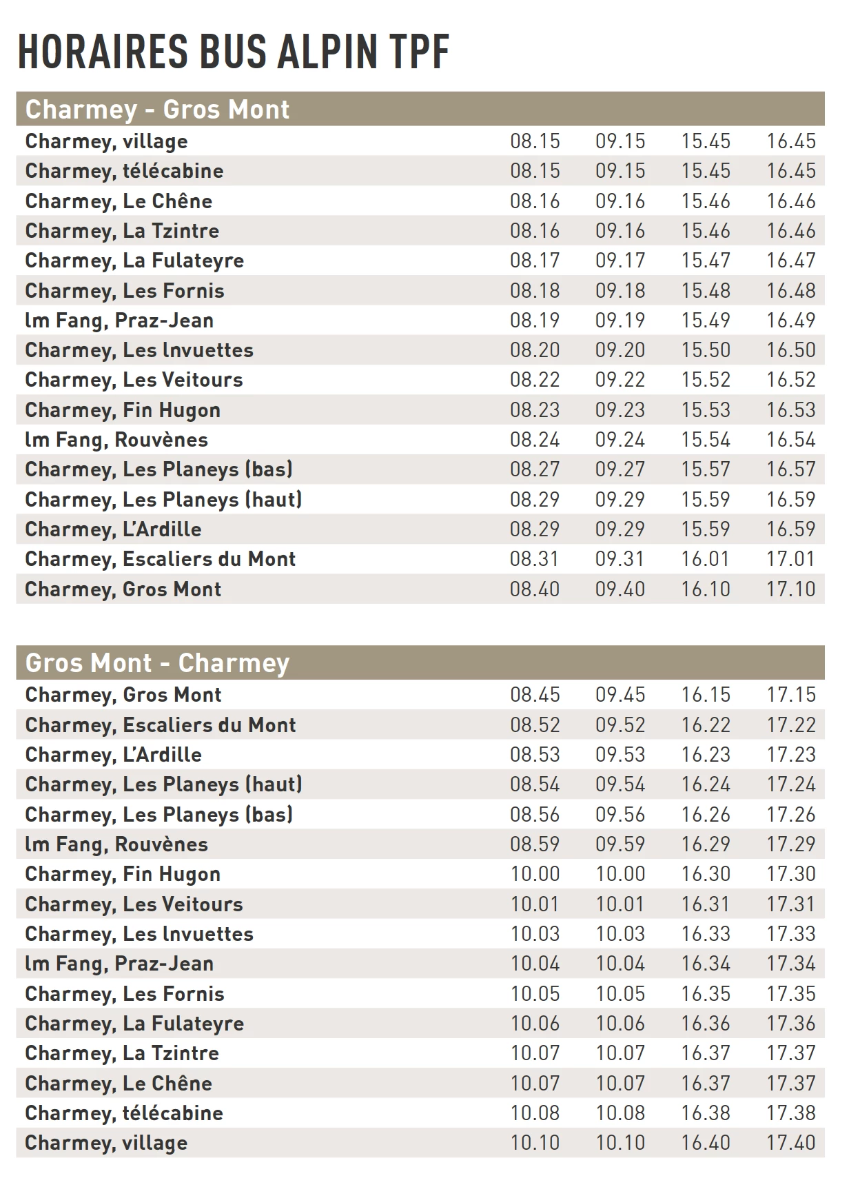 Horaires bus alpin Charmey Gros Mont 2026